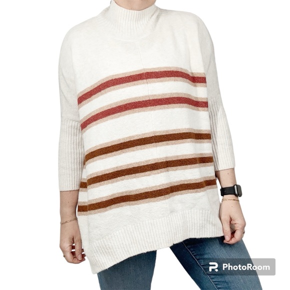LOFT Sweaters - Loft Striped Mock Neck Sweater Medium Petite Cream Brown Soft Relaxed